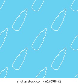 Seamless pattern with white silhouettes of e-juice liquid bottles for electronic cigarettes on bright blue background. Vector illustration.