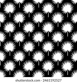 Seamless pattern with white silhouettes of fan palm leaves on black background. Abstract tropical trees or forest, stencil style. Monochrome minimalist vector print for ethnic design of fabric.