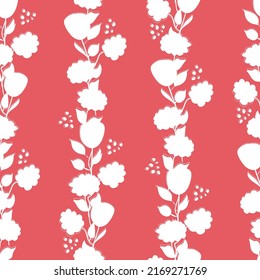 Seamless pattern with white silhouettes of flowers on a red background. Floral abstract background. Vector illustration