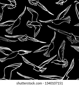 seamless pattern of white silhouettes of flying birds seagulls on a black background