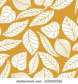 Seamless pattern with white silhouettes of leaves on a yellow background. Vector texture in autumn pastel colors.