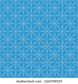 Seamless pattern. White silhouettes like snow flakes figures on blue background.Vector illustration.Fine thickness lines.Rounded corners.