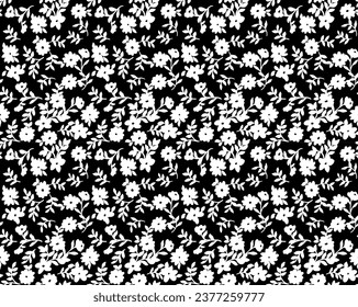Seamless pattern with white silhouettes little flowers on black background.Vector illustration.