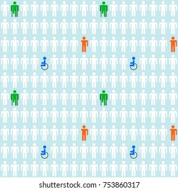 Seamless pattern. White silhouettes of people. A disabled person on crutches. A disabled person in a wheelchair. Disabled without a hand. Human society. Vector background.