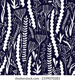 Seamless pattern with white silhouettes of seaweeds on dark blue background. 