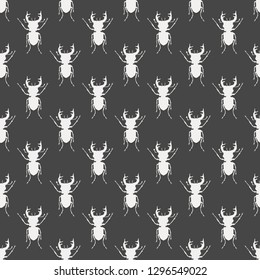 Seamless pattern with white silhouettes of stag beetles on black backdrop. Beetles on the background. Wallpaper with bugs. Insect vector illustration