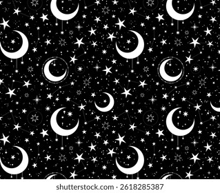 Seamless pattern of white silhouettes of stylized stars and moons on a black background