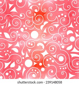 Seamless pattern white silhouettes: swirls, circles, triangles and leaves on pink watercolor background. Vectorized watercolor.
