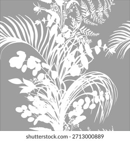 Seamless pattern with white silhouettes of tropical leaves and branches on grey background in vector. Vector illustration