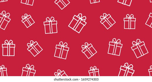 Seamless pattern of white simple line gift boxes on red backdrop