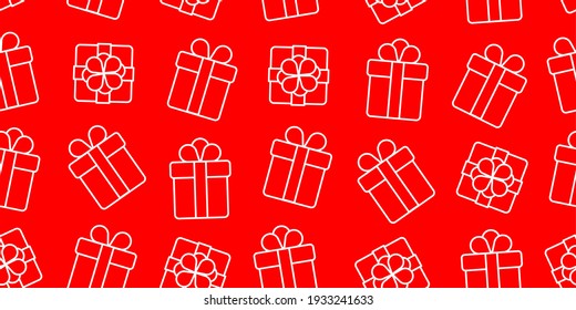 Seamless pattern of white simple line gift boxes on red backdrop, side and top view on the boxes