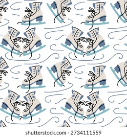 Seamless pattern of white skates skating on a frozen ice rink with moving lines. Winter seasonal background for printing on fabric, wrapping paper, holiday greeting cards, or for decor