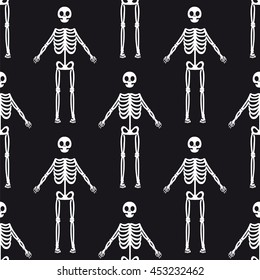 Seamless pattern with white skeletons on black background. Vector illustration