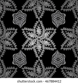 Seamless pattern with white sketch flowers on black background. Endless illustration with flowers drawn strokes, lines and dots.