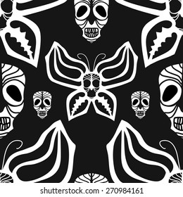 Seamless pattern with white skull and butterflies on black background.