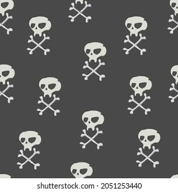 Seamless Pattern with white Skulls with bones on black background. Cartoon Vector illustration Backdrop Happy Halloween party. Can be used for wrapping paper, fabric, scrapbooking, decoration.