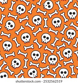 Seamless pattern of white skulls and bones with black outline and shadow on orange background