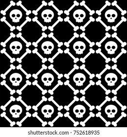 Seamless pattern - white skulls and bones vector illustration on black background 