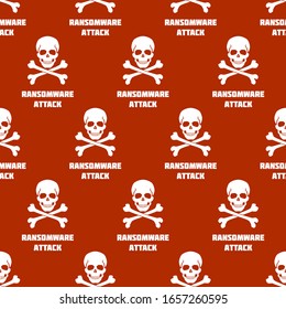 Seamless pattern with white skulls and crossbones on red background. Symbol of Ransomware attack. Vector illustration