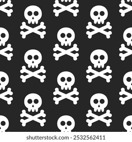 seamless pattern of white skulls and crossbones in flat design style on a black background