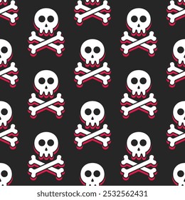 seamless pattern of white skulls and crossbones with black outline and red shadows on a black background