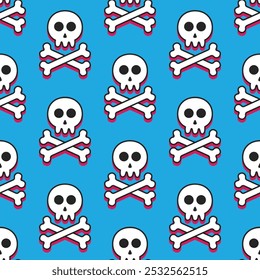 seamless pattern of white skulls and crossbones with black outline and red shadows on a blue background
