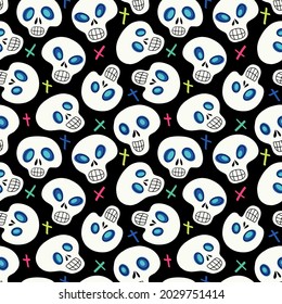 Seamless pattern with white skulls and multicolored crosses on a black background. Vector illustration