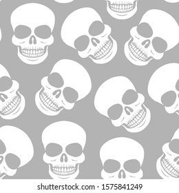 Seamless pattern with white skulls on grey background. Repetitive vector illustration. EPS 10.