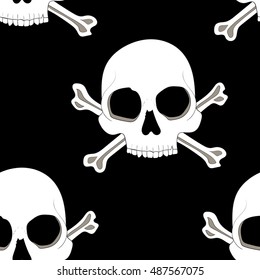Seamless pattern white skulls on dark background, vector illustration