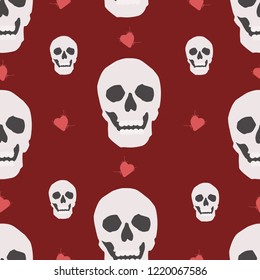 Seamless pattern of white skulls and red hearts on a red background