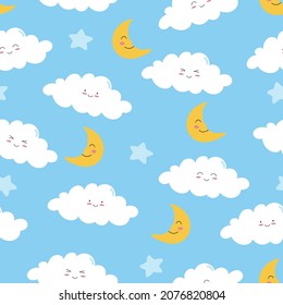 Seamless pattern of white smiling clouds, moon and stars on blue background. Cartoon character in flat style. Vector illustration