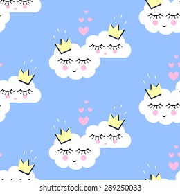 Seamless pattern with white smiling sleeping clouds in love for holidays. Unusual design for Valentines Day. Child drawing style. Blue sky vector illustration. Love concept background