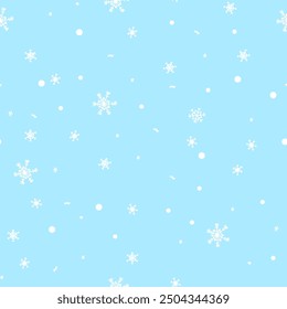 Seamless pattern with white snow and snowflakes on a blue sky background. Vector illustration