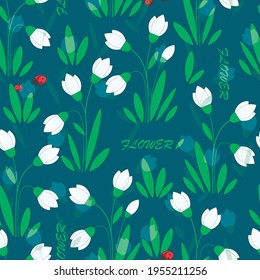 Seamless pattern with white snowdrop flowers and ladybug. Botanical background with snowdrops. Vector background.
