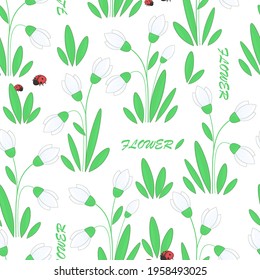 Seamless pattern with white snowdrop flowers and ladybug. Botanical background with snowdrops. Vector background.