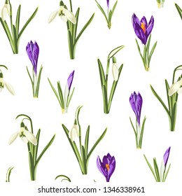 Seamless pattern with white snowdrop and violet crocus flowers and green leaves on a white background.