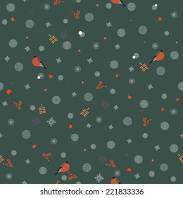 Seamless pattern with white snowflakes and bullfinches