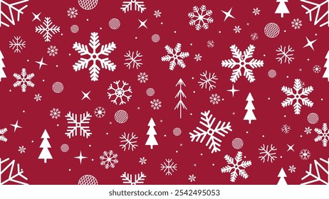 Copos de nieve blancos del modelo inconsútil y árboles de navidad, con los Elementos geométricos festivos con las estrellas y la chuchería en fondo rojo
