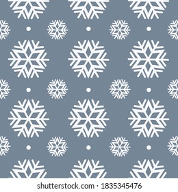 Seamless pattern with white snowflakes and dots on blue background. Trendy christmas design for wallpaper, greeting card, banner, textile, poster. Vector illustration