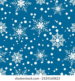 Seamless pattern of white snowflakes and dots on a blue background. Winter and holiday-themed design. Perfect for festive Christmas decor. Vector illustration