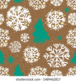 Seamless pattern of white snowflakes and green Christmas trees on a background of Kraft paper. Sketch style.  Decorative illustration, good for printing. Great for label, print, packaging, fabric.