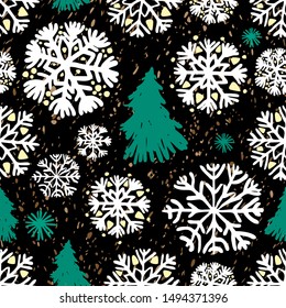 Seamless pattern of white snowflakes and green Christmas trees on a background of Kraft paper. Sketch style.  Decorative illustration, good for printing. Great for label, print, packaging, fabric.