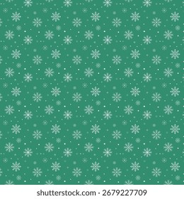 Seamless pattern of white snowflakes isolated on green background. Christmas, winter repeat pattern.