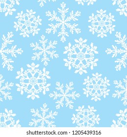 Patrón sin inconvenientes con copos de nieve blancos sobre fondo azul claro. Ilustración vectorial.