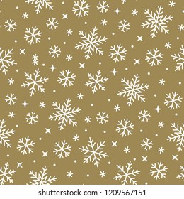 Seamless pattern with white snowflakes on gold background. Flat line snowing icons, cute snow flakes repeat wallpaper. Nice element for Christmas banner, wrapping. New year traditional ornament.