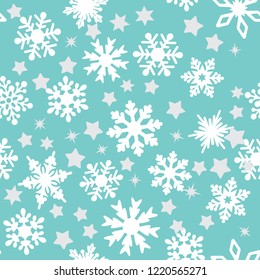 Seamless pattern with white snowflakes and on a turquoise background