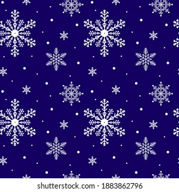 Seamless pattern. White snowflakes on a dark background. For fabric, textile, wrapping paper, invitation, wallpaper and design.Vector illustration