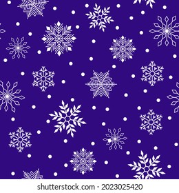 Seamless pattern. White snowflakes on blue background. New Year. Vector.