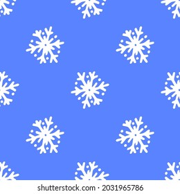 seamless pattern of white SNOWFLAKES on a dark blue background. doodle-style snowflake pattern with randomly placed dots on a blue background for winter holiday design of new year and Christmas
