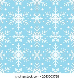 Nahtloses Muster mit weißen Schneeflocken auf blauem Hintergrund. Festliche Winter traditionelle Dekoration für Neujahr, Weihnachten, Feiertage und Design. Ornament der einfachen Linie wiederholen Schneeflocke